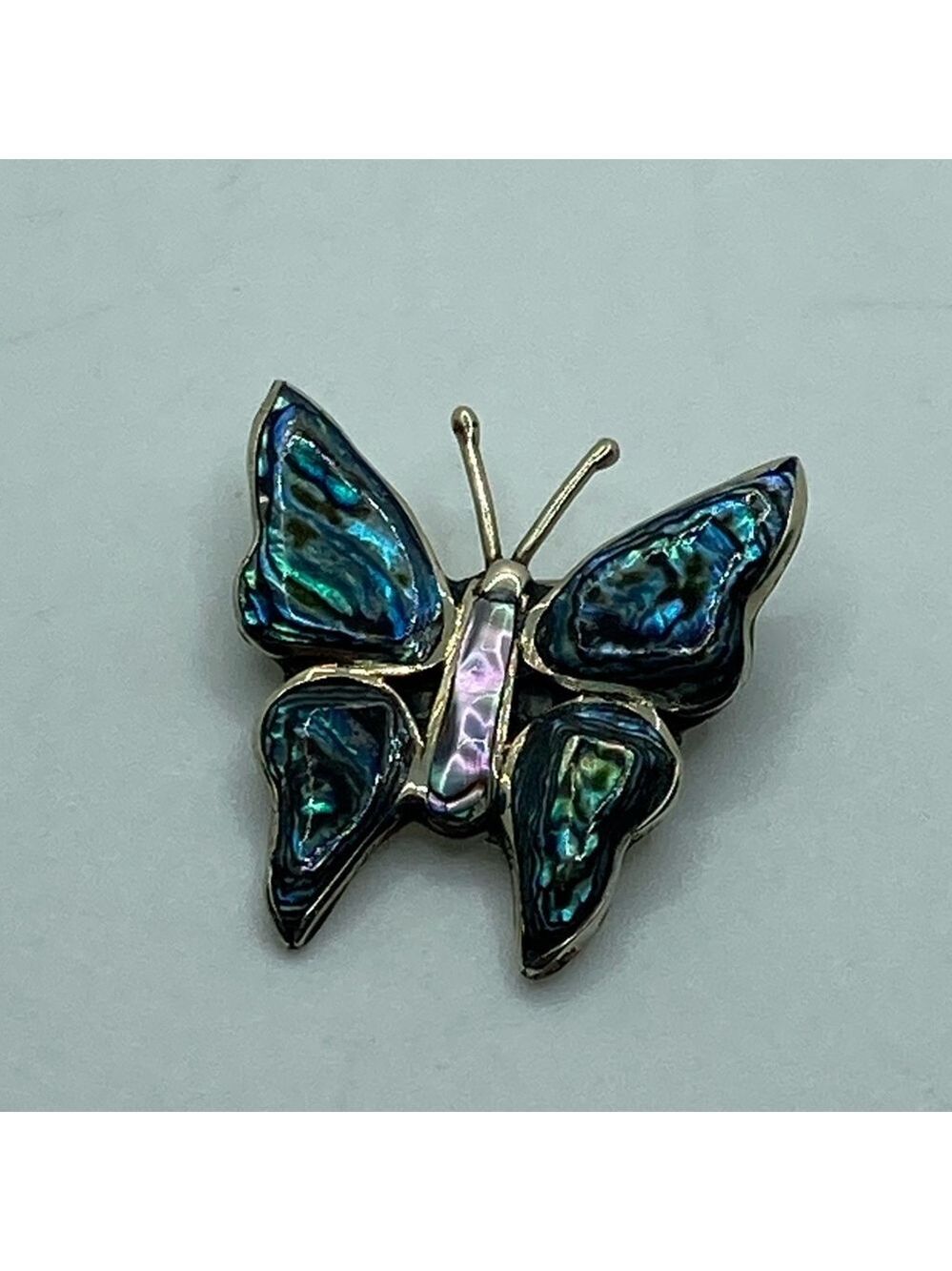 VTG Abalone & Alpaca Silver Butterfly Brooch 1” x 1.1”
